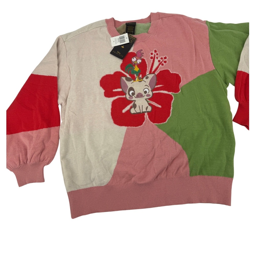 BoxLunch Disney Moana Pua Hei Hei Flower Sweater Womens XL Pink Green Colorblock